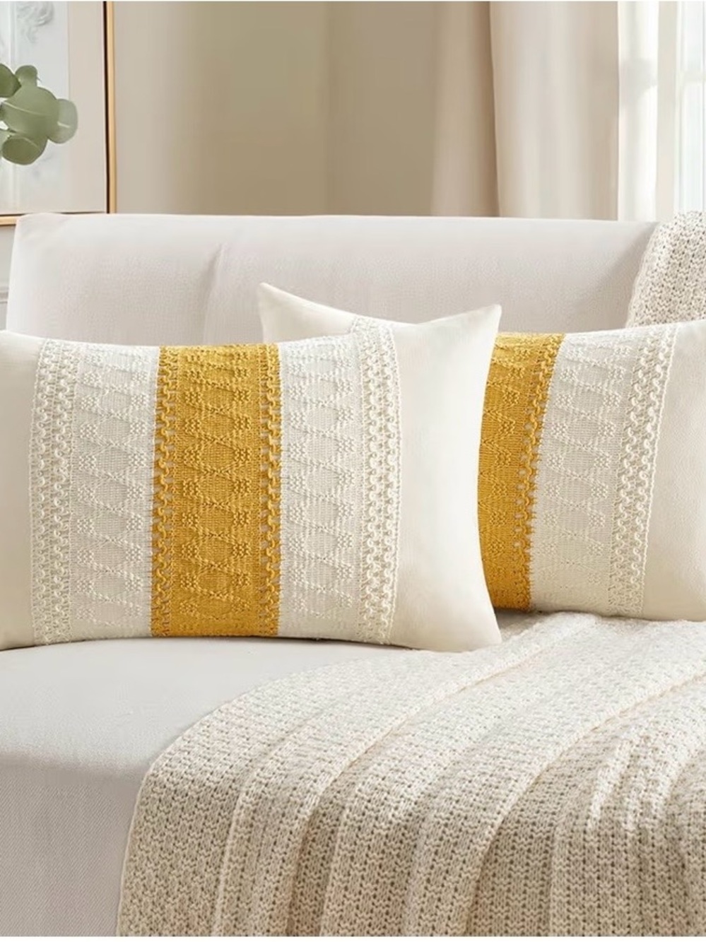 Cream Throw Pillow Cover Pair with Mustard Knit Stripe